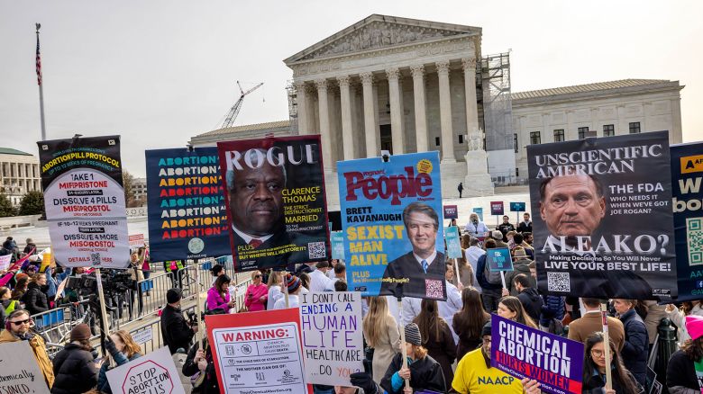 WASHINGTON DC, UNITED STATES - 2024/03/26: Demonstrators protest and argue outside the U.S. Supreme Court. On Tuesday, the same justices who reversed constitutional protection for abortion two years ago will hear arguments on whether to limit the use of mifepristone, a medication that's used in nearly two-thirds of all abortions nationally. (Photo by Michael Nigro/Pacific Press/LightRocket via Getty Images)