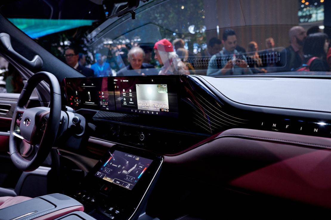 Inside a 2025 Infiniti QX80 during the 2024 New York International Auto Show.