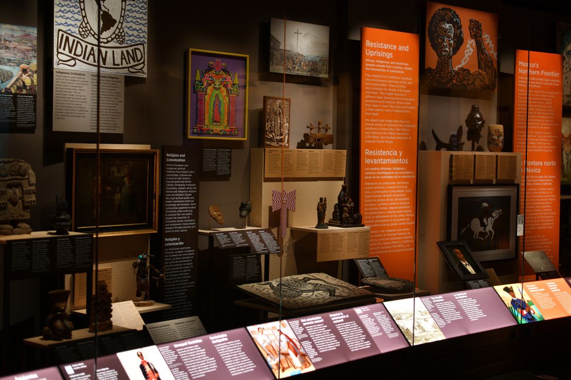 Artifacts and description displays of the American Latino exhibition of the National Museum are seen at the Molina Family Latino Gallery in Washington, D.C., June 9, 2022.