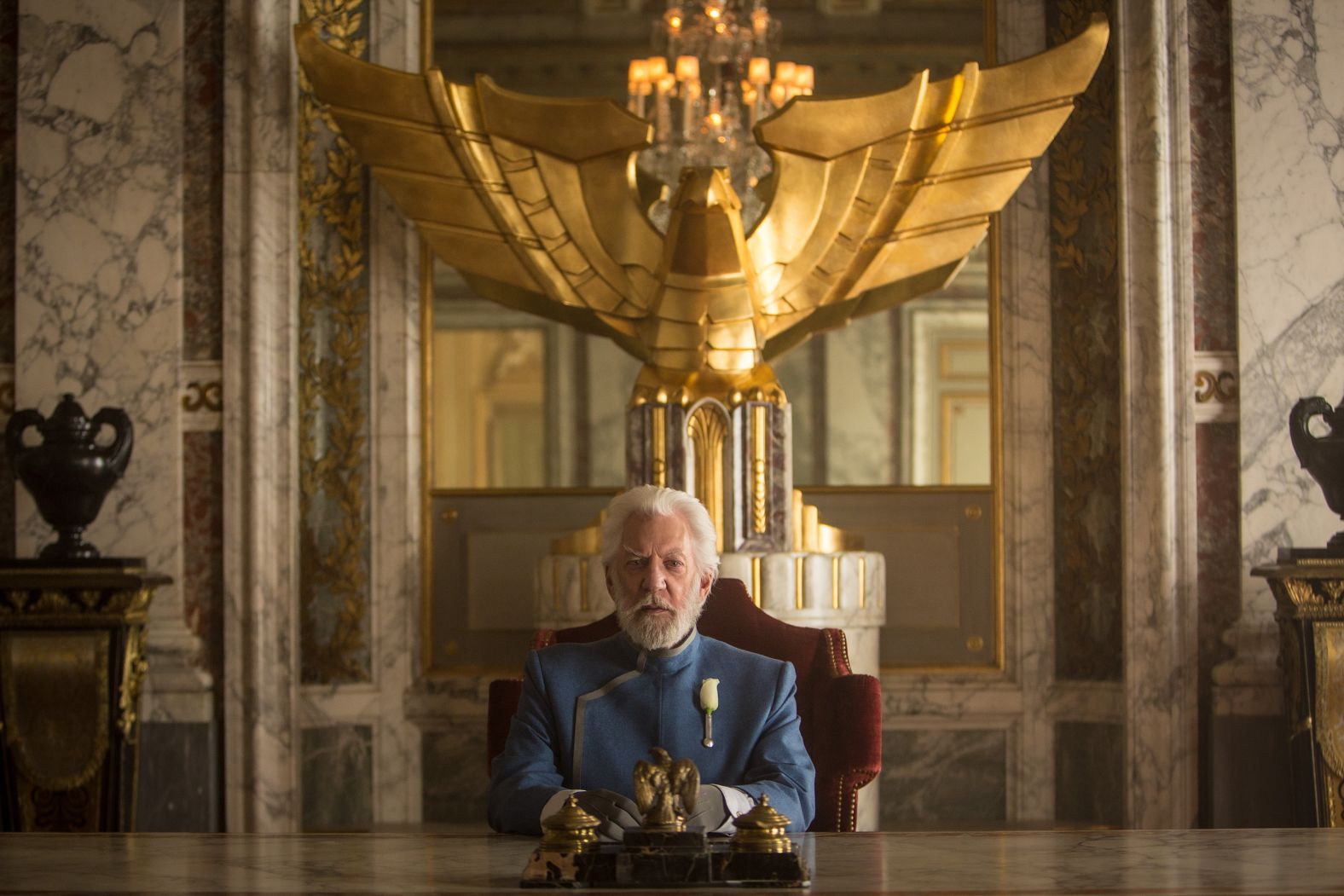 Actor Donald Sutherland on the set of the film, "The Hunger Games: Mockingjay Part I", Paris, France, 2013. {Photo by Murray Close/Getty Images}