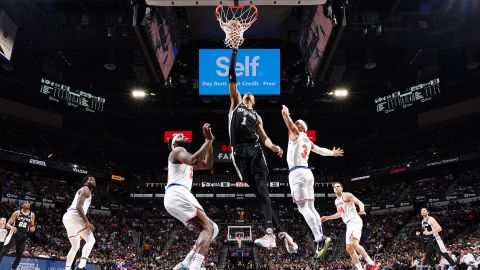 Victor Wembanyama #1 of the San Antonio Spurs drives to the basket during the game against the New York Knicks on March 29, 2024 at the Frost Bank Center in San Antonio, Texas.