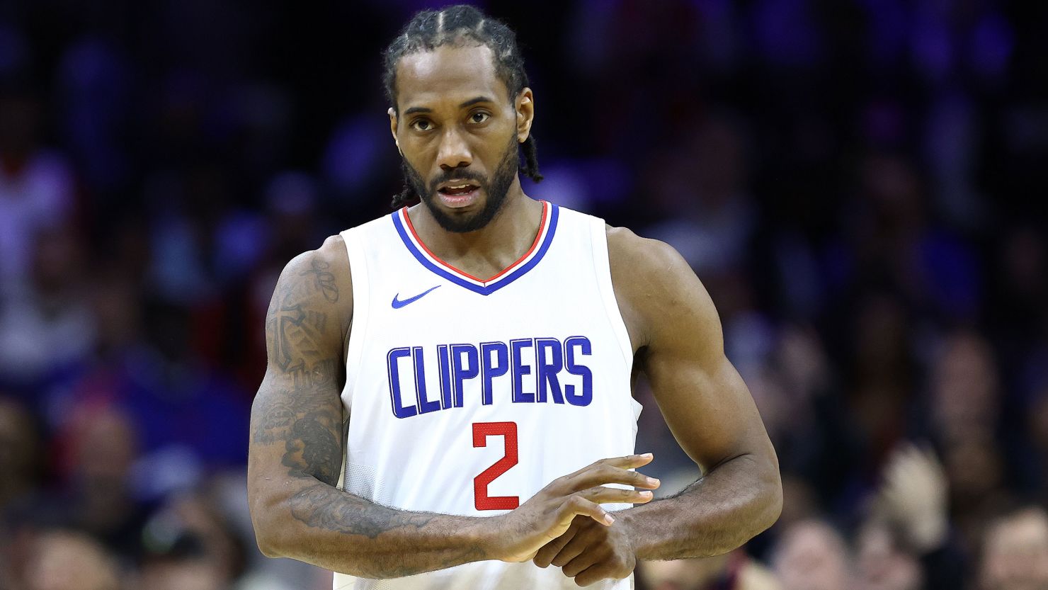 Kawhi Leonard reacts during the fourth quarter against the Philadelphia 76ers at the Wells Fargo Center on March 27 in Philadelphia.