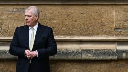 Britain's Prince Andrew, Duke of York reacts as he arrives at St. George's Chapel, Windsor Castle, to attend the Easter Mattins Service, on March 31, 2024.