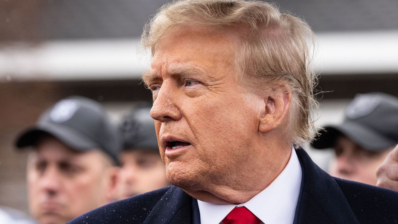 MASSAPEQUA PARK, NEW YORK, UNITED STATES - 2024/03/28: Former President Donald Trump speaks to the press after attending the wake for the slain NYPD (New York City Police Department) officer Jonathan Diller at Massapequa Funeral Home. (Photo by Lev Radin/Pacific Press/LightRocket via Getty Images)
