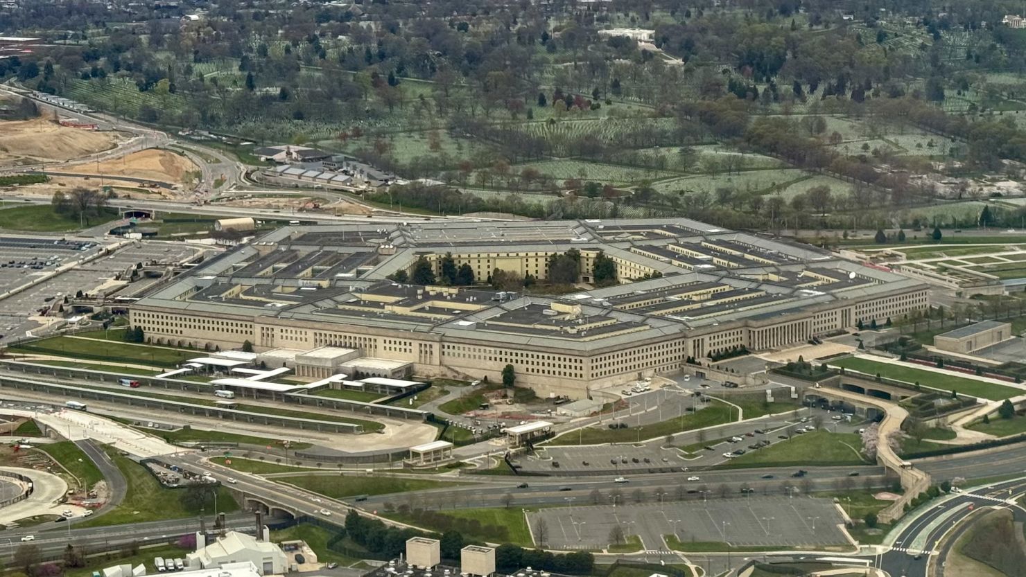 Aerial view of the Pentagon in Washington, DC, on March 31, 2024.