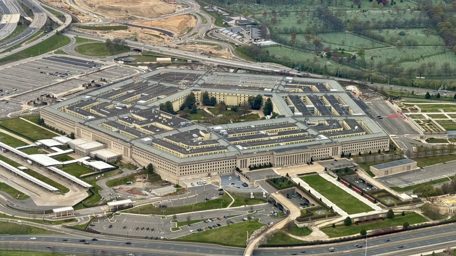 Aerial view of the Pentagon in Washington, DC, on March 31, 2024.