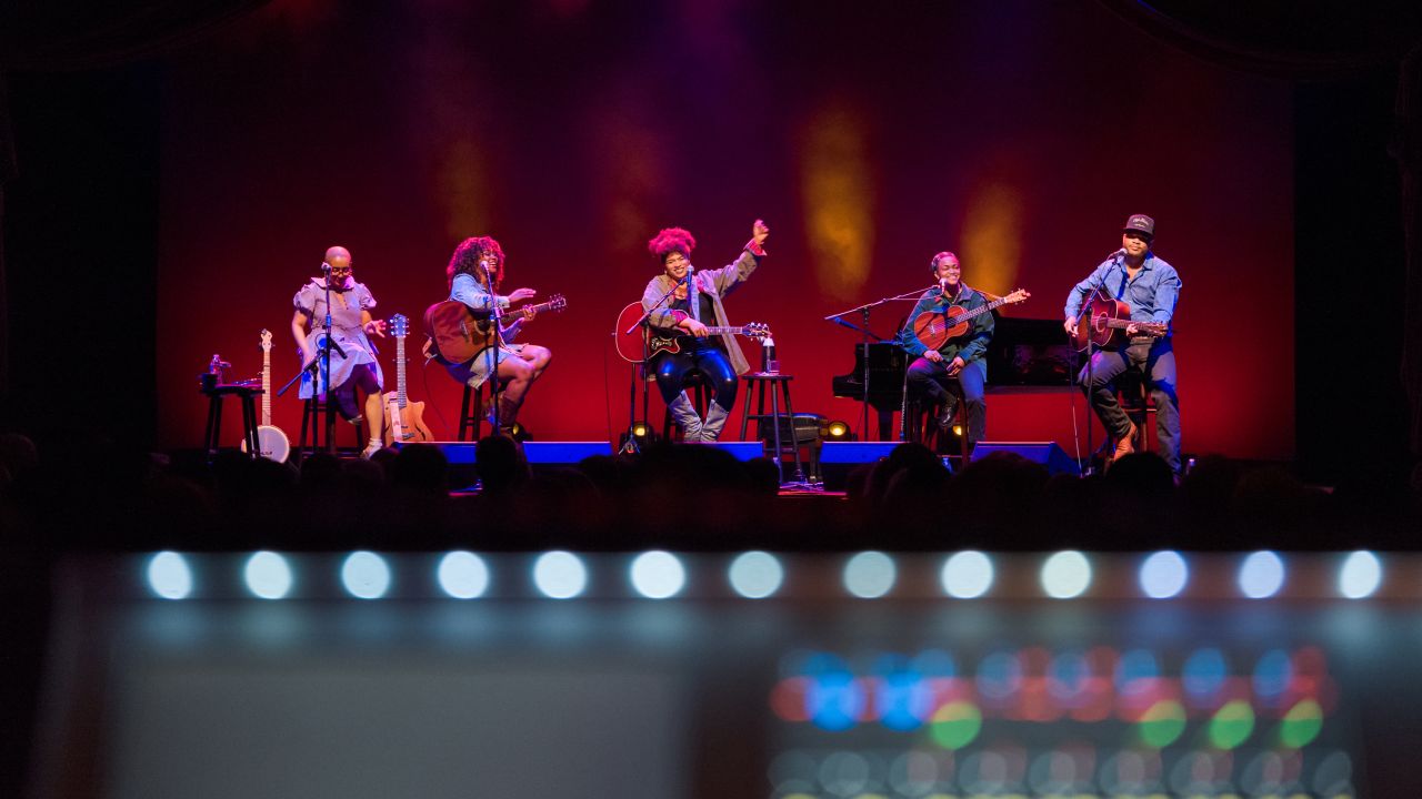 VIENNA, VA, UNITED STATES - MARCH 29: Members of Black Opry (Left to right) Grace Givertz, Roberta Lea, Rachel Maxan, Danielle Johnson, and Tylar Bryant perform at Wolf Trap in Vienna, Virginia on March 29, 2024.  (Photo by Shedrick Pelt for The Washington Post via Getty Images)