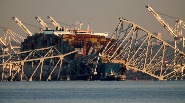 The cargo ship Dali seen trapped under the remains of the Francis Scott Key Bridge, after the vessel hit one of its pillars on March 29, 2024 in Baltimore, Maryland.