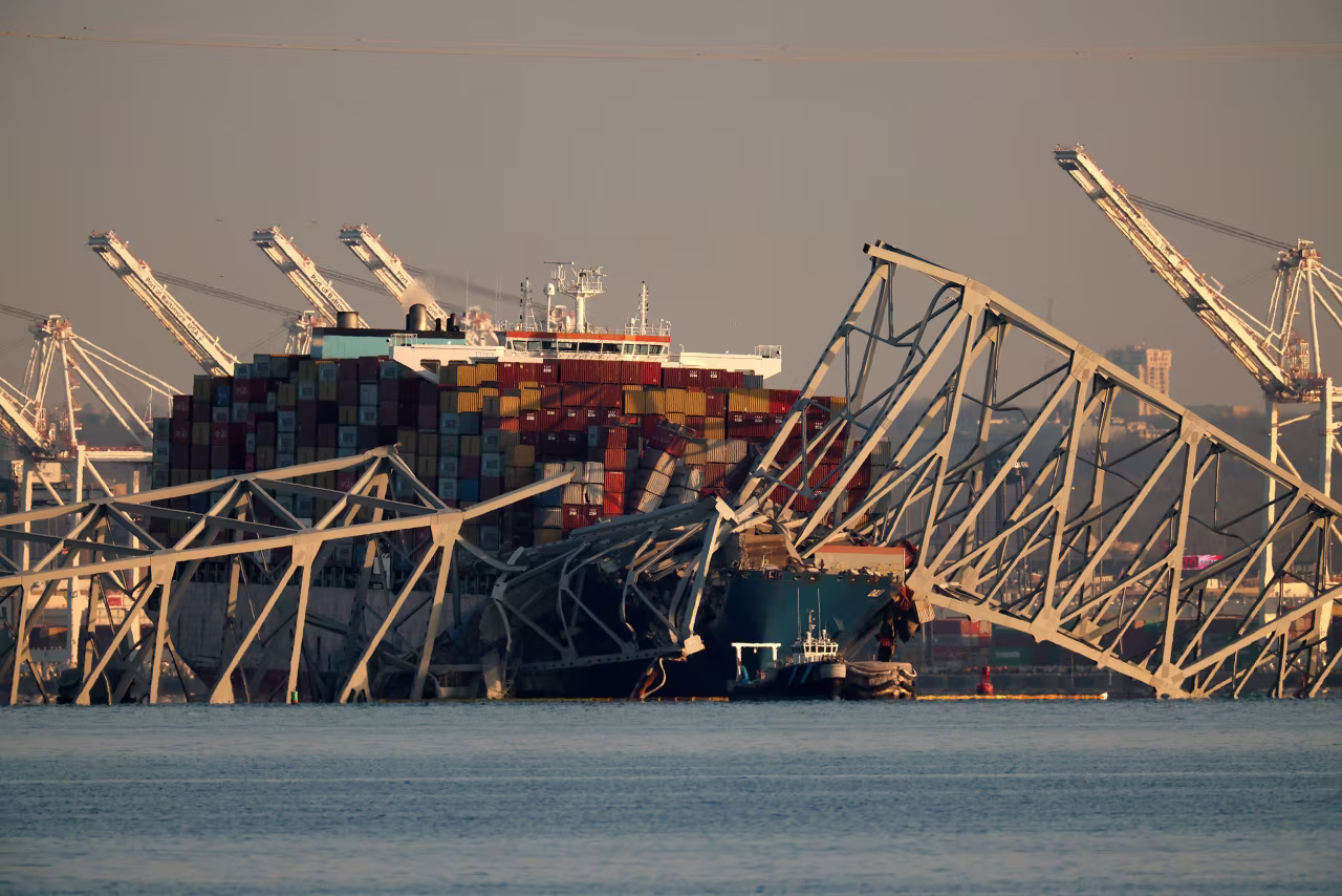 The cargo ship Dali was trapped under the twisted remains of the Francis Scott Key Bridge, which was destroyed when the ship collided with it earlier this week, on March 29, 2024, in Baltimore, Maryland.