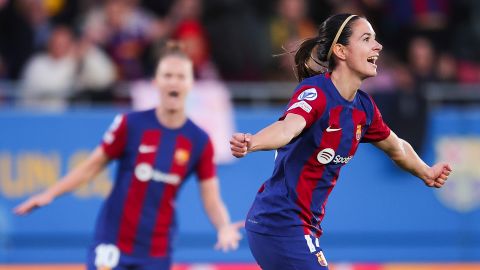 Aitana Bonmati of FC Barcelona celebrates after scoring the team's first goal during the UEFA Women's Champions League 2023/24 Quarter Final Leg Two match between FC Barcelona and SK Brann at Estadi Johan Cruyff on March 28, 2024 in Barcelona, Spain.