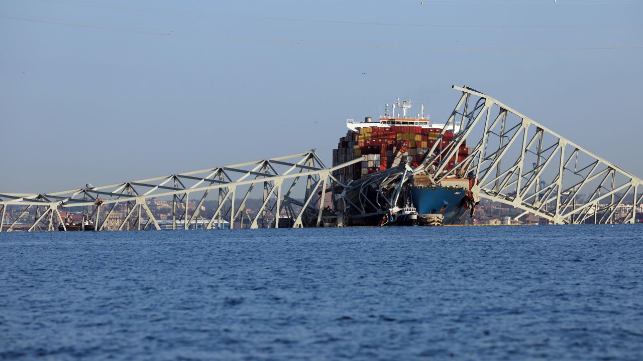Wreckage from the Francis Scott Key Bridge rests on the Dali cargo ship on March 29, 2024 in Baltimore, Maryland.