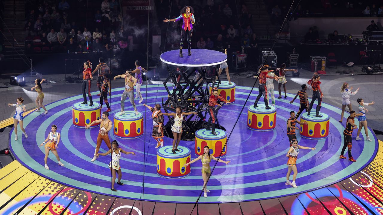Lauren Irving, the show host, on centerstage with the Ringling Brothers and Barnum & Bailey Circus during their opening night show at Agganis Arena in Boston, MA, on March 28, 2024