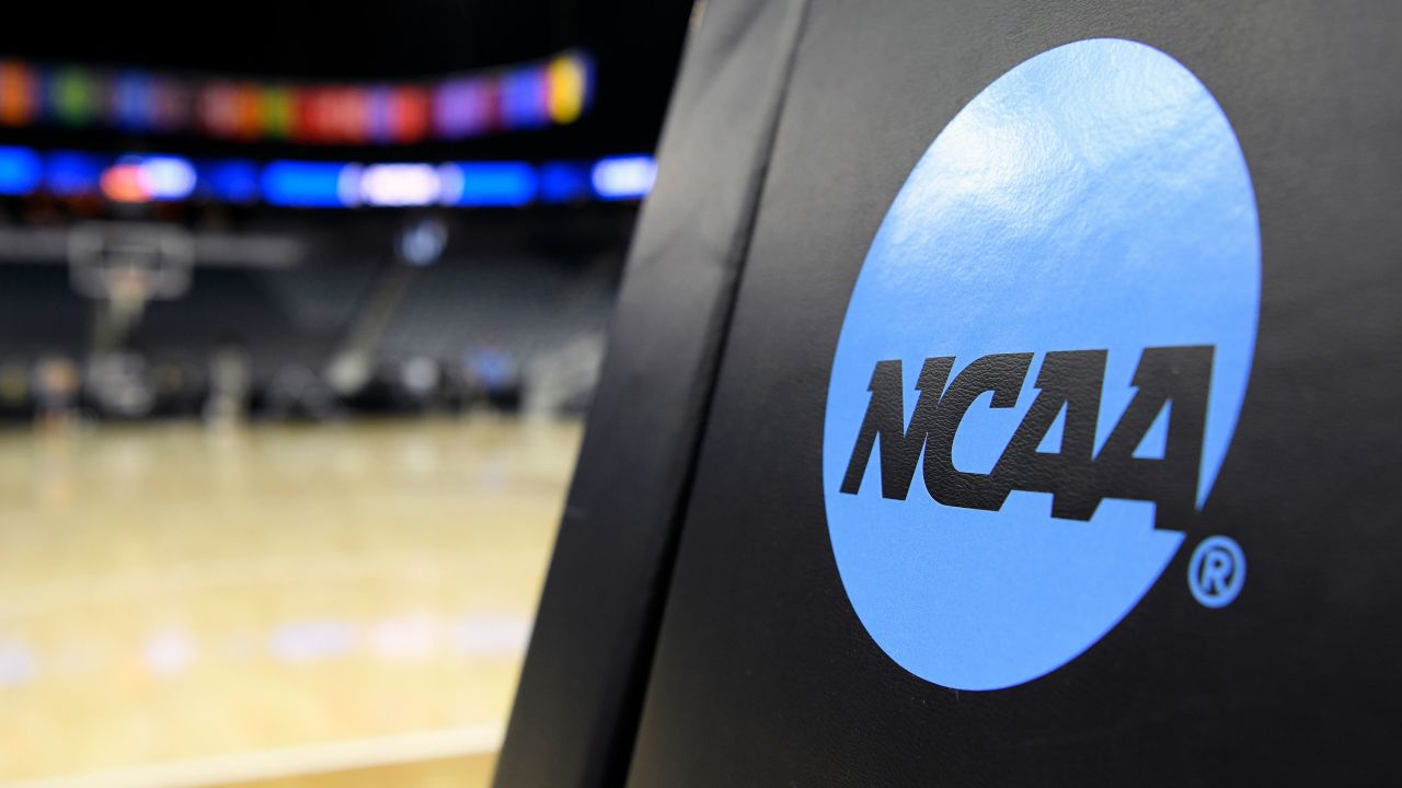 A NCAA logo is seen on the goal stanchion before the NCAA Division II National Championship Basketball game between the Minnesota State Mavericks and the Nova Southeastern Sharks on March 30, 2024, at the Ford Center in Evansville, Indiana.