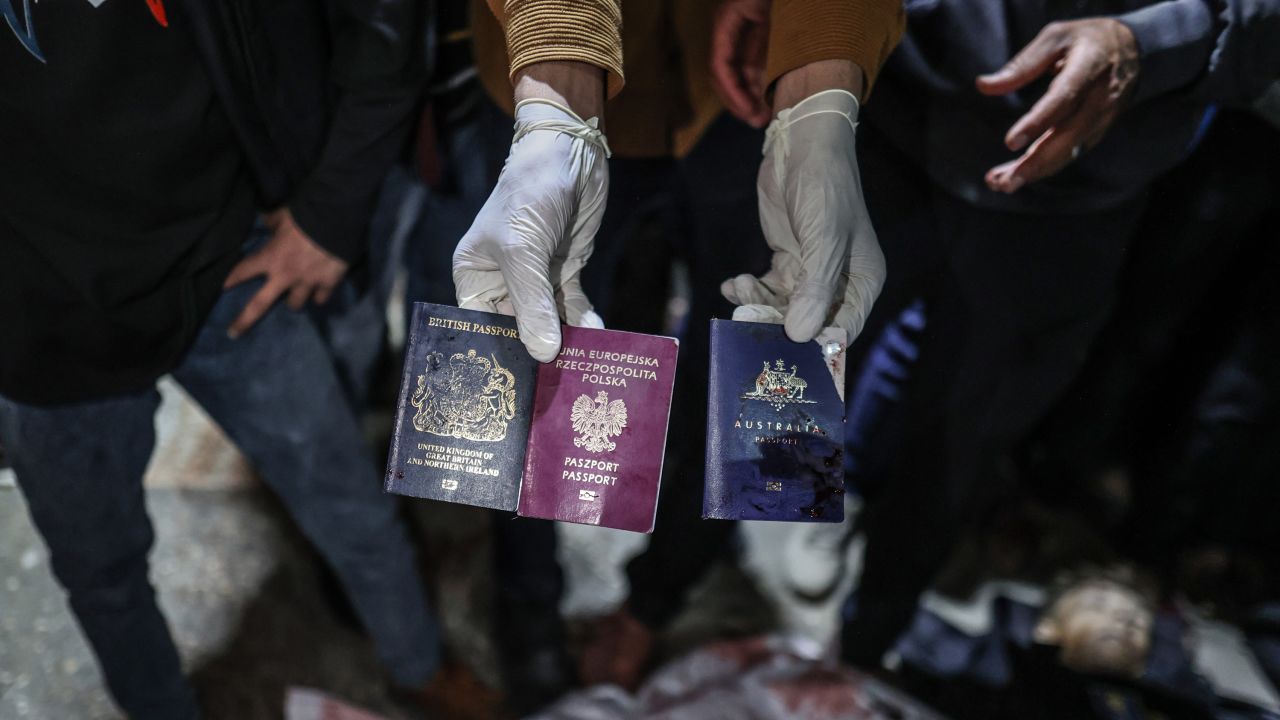 Passports of officials working at the US-based international volunteer aid organization World Central Kitchen (WCK) seen after an Israeli attack in Gaza.