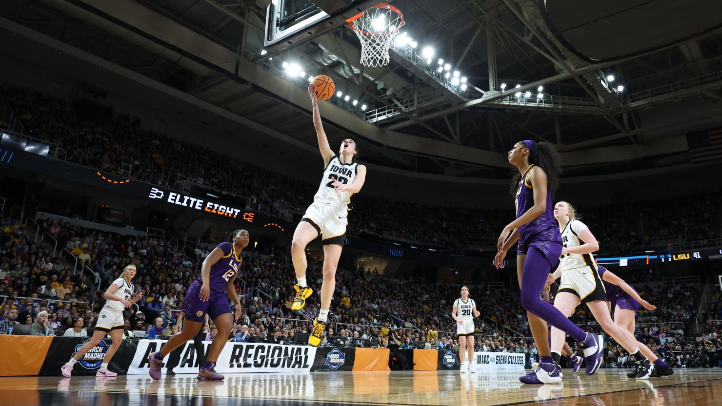 Caitlin Clark, #22 of the Iowa Hawkeyes, jumps for a basket during the first half against the LSU Tigers during the Elite Eight round of the 2024 NCAA Women's Basketball Tournament held at MVP Arena on Monday in Albany, New York.
