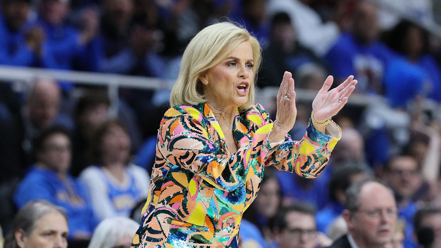 ALBANY, NEW YORK - MARCH 30: Head coach Kim Mulkey of the LSU Tigers reacts in a game against the UCLA Bruins during the first half in the Sweet 16 round of the NCAA Women's Basketball Tournament at MVP Arena on March 30, 2024 in Albany, New York. (Photo by Andy Lyons/Getty Images)