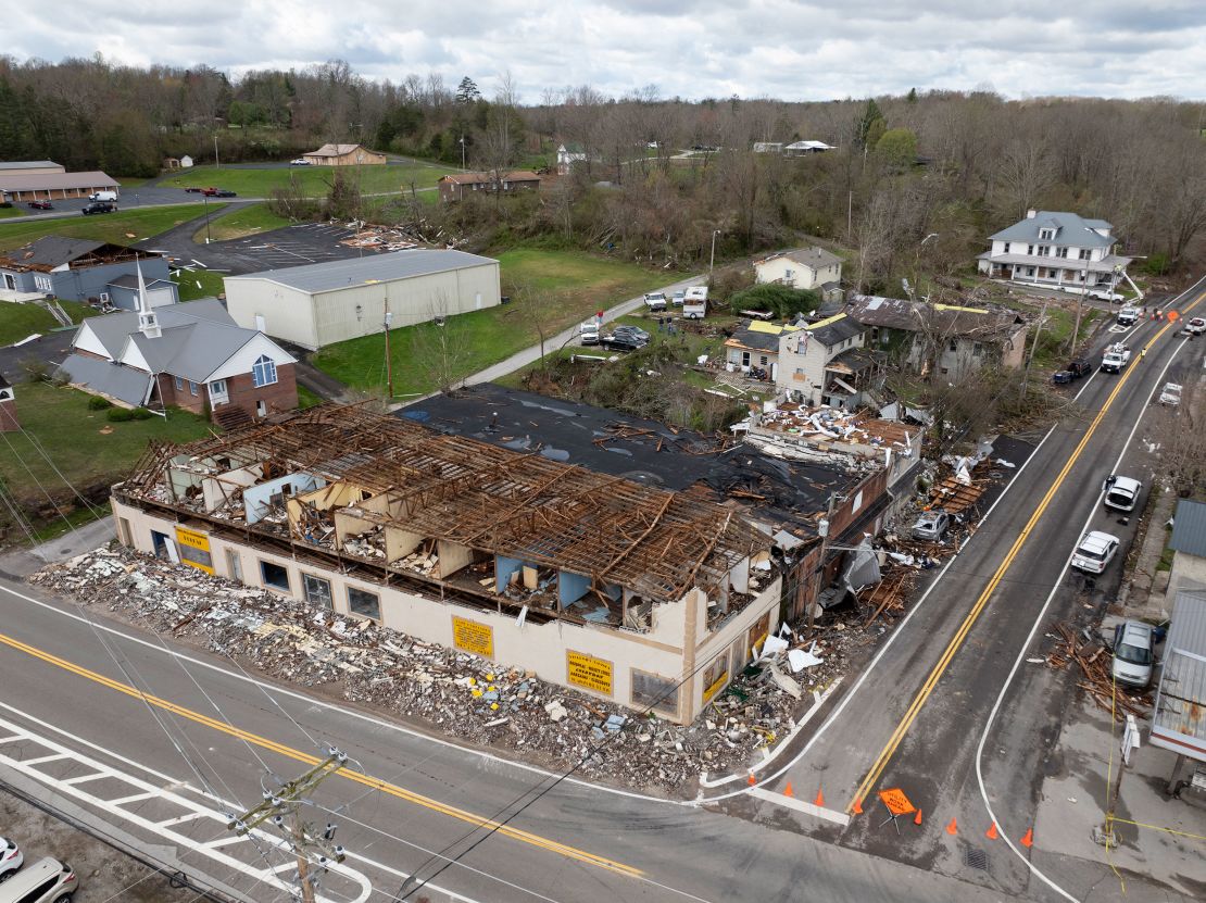Storm damage in Sunbright, Tennessee, on Tuesday, April 2, 2024. Extensive damage was done to the town but no deaths have been reported.