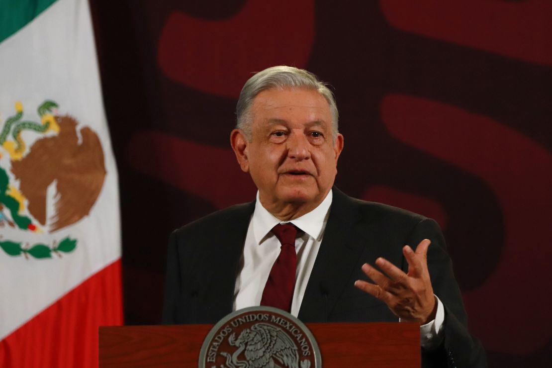 President Andres Manuel Lopez Obrador is speaking at the morning conference in front of reporters at the National Palace in Mexico City, Mexico, on April 3, 2024.