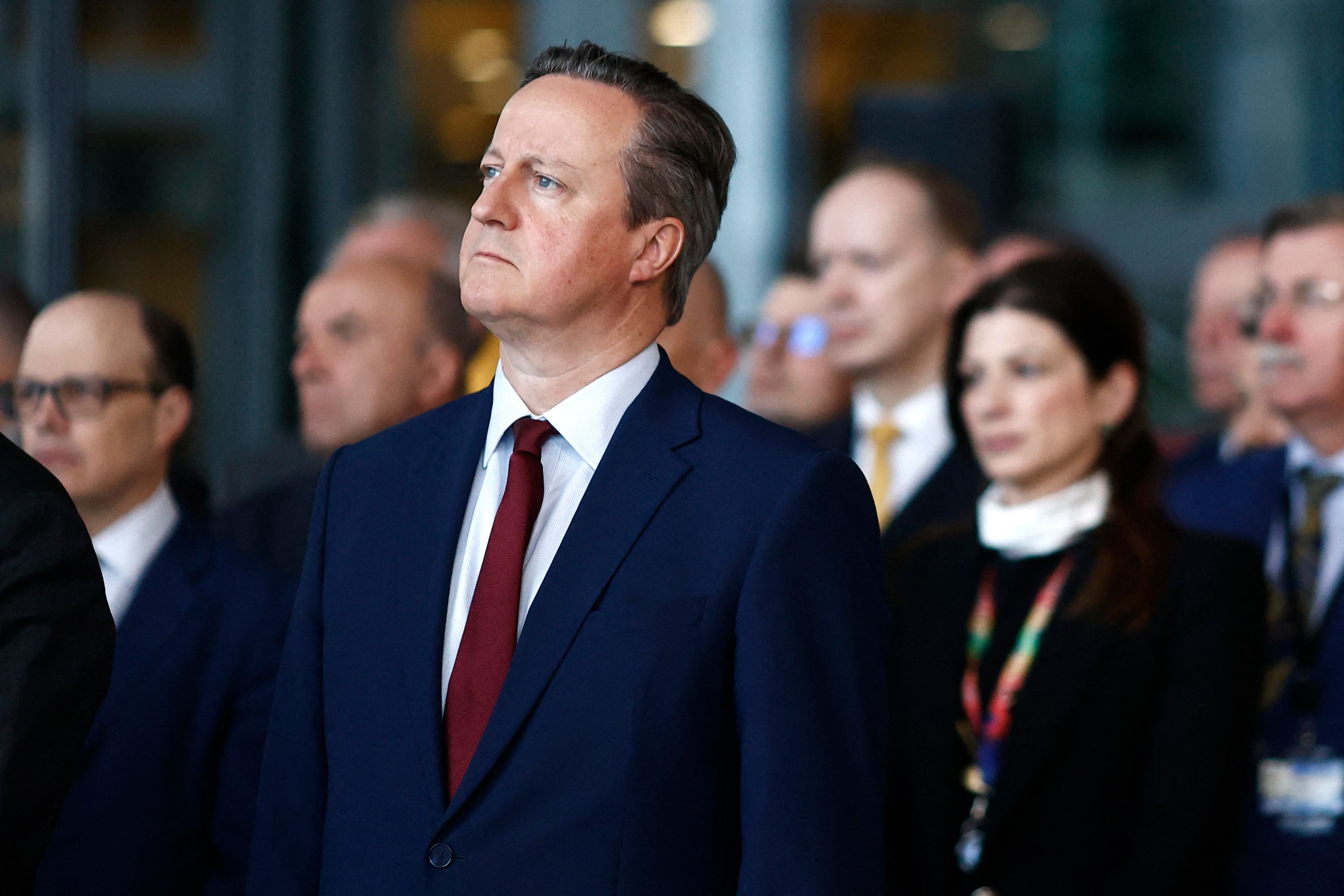 Britain's Secretary for Foreign Affairs David Cameron listen on during speeches marking the alliance's 75th anniversary at the NATO Headquarters in Brussels on April 4, 2024. The NATO military alliance on April 4, 2024, marks the 75th anniversary of the signing of its founding treaty in Washington.