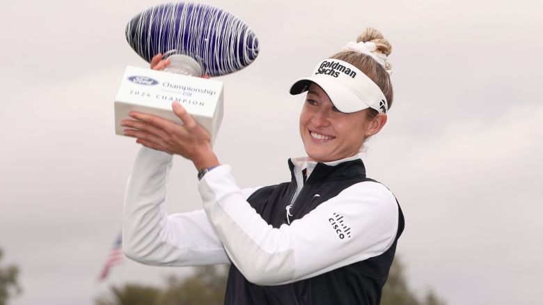 PHOENIX, ARIZONA - MARCH 31: Nelly Korda of the United States poses with the trophy after the final round of the Ford Championship presented by KCC at Seville Golf and Country Club on March 31, 2024 in Phoenix, Arizona. (Photo by Christian Petersen/Getty Images)