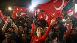 ISTANBUL, TURKEY- APRIL 01: (TURKEY OUT) Supporters celebrate as Ekrem İmamoğlu speaks after his re-election as the chairman of the Istanbul Metropolitan Municipality at the CHP Istanbul Provincial Directorate on April 1, 2024 in Istanbul, Turkey. In a setback to Erdogan, the Republican People's Party (CHP) retained control of the country's urban areas and won 36 of 81 provinces, according to published reports. Results also show the opposition making inroads into Erdogan party strongholds in its electoral victory over the president since he came to power two decades ago. (Photo by Ozan Guzelce/ dia images via Getty Images)