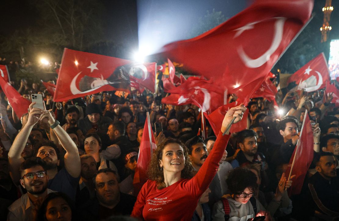 ISTANBUL, TURKEY- APRIL 01: (TURKEY OUT) Supporters celebrate as Ekrem İmamoğlu speaks after his re-election as the chairman of the Istanbul Metropolitan Municipality at the CHP Istanbul Provincial Directorate on April 1, 2024 in Istanbul, Turkey. In a setback to Erdogan, the Republican People's Party (CHP) retained control of the country's urban areas and won 36 of 81 provinces, according to published reports. Results also show the opposition making inroads into Erdogan party strongholds in its electoral victory over the president since he came to power two decades ago. (Photo by Ozan Guzelce/ dia images via Getty Images)