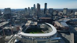 An aerial view of Target Field in Minneapolis, Minnesota, on April 3, 2022.