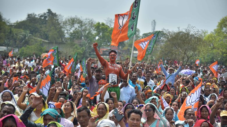 Bharatiya Janata Party (BJP) supporters are attending a rally by Himanta Biswa Sarma, Chief Minister of the northeastern state of Assam (not pictured), for the upcoming Lok Sabha election in Nagaon District, Assam, India, on April 4, 2024. (Photo by Anuwar Hazarika/NurPhoto via Getty Images)