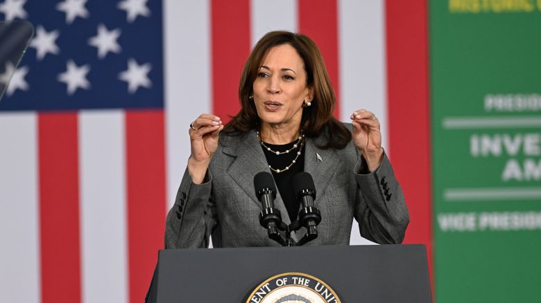 CHARLOTTE, UNITED STATES - APRIL 04: United States Vice President Kamala Harris delivers remarks about the Biden-Harris Administration's historic investments in climate action and continues her leadership on addressing the climate crisis, advancing environmental justice, and increasing access to capital in underserved communities and is joined by Environmental Protection Agency (EPA) Administrator Michael Regan in Charlotte NC, United States on April 4, 2024. (Photo by Peter Zay/Anadolu via Getty Images)