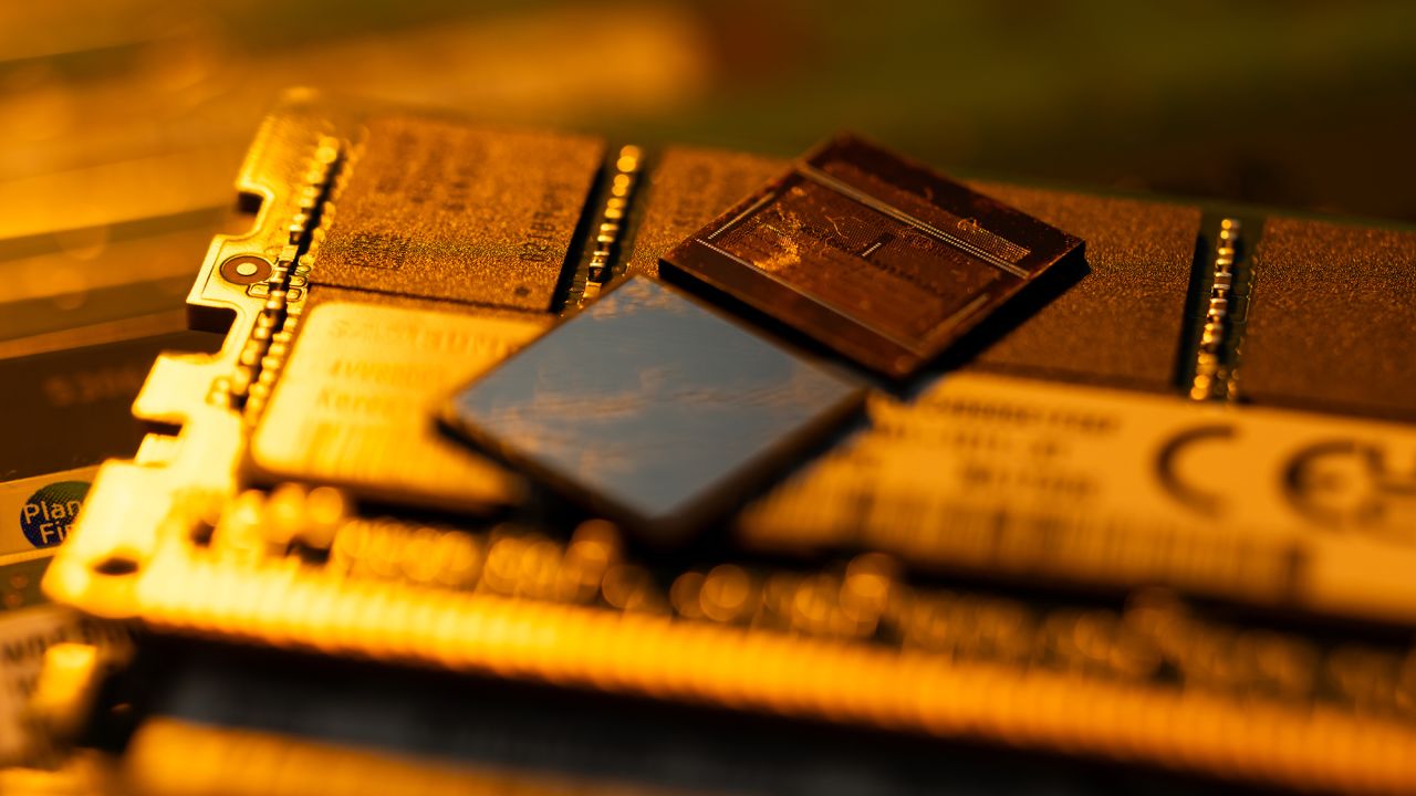 Samsung Electronics Co. 12-layer HBM3Es, top, and other DDR modules arranged in Seoul, South Korea, on Thursday, April 4, 2024.