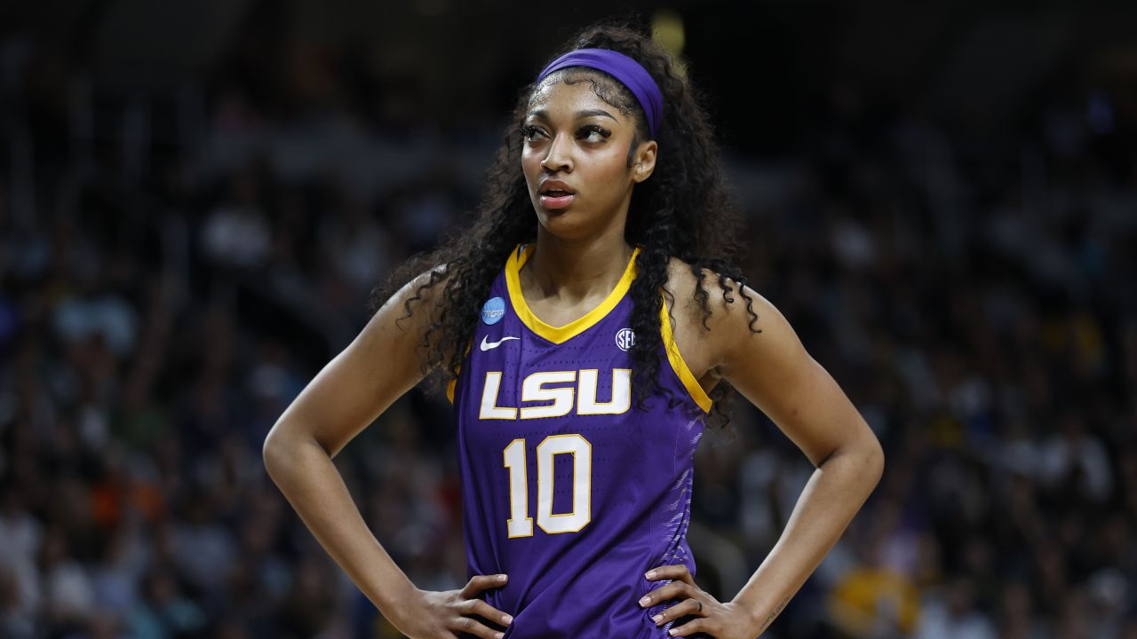 Angel Reese #10 of the LSU Tigers looks on during the first half against the Iowa Hawkeyes in the Elite 8 round of the NCAA Women's Basketball Tournament at MVP Arena on April 01, 2024 in Albany, New York.