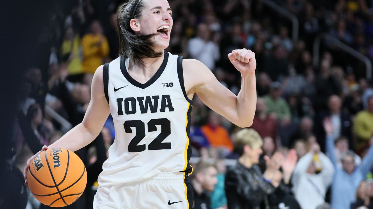 ALBANY, NEW YORK - APRIL 01:Caitlin Clark #22 of the Iowa Hawkeyes celebrates after beating the LSU Tigers 94-87 in the Elite 8 round of the NCAA Women's Basketball Tournament at MVP Arena on April 01, 2024 in Albany, New York. (Photo by Andy Lyons/Getty Images)