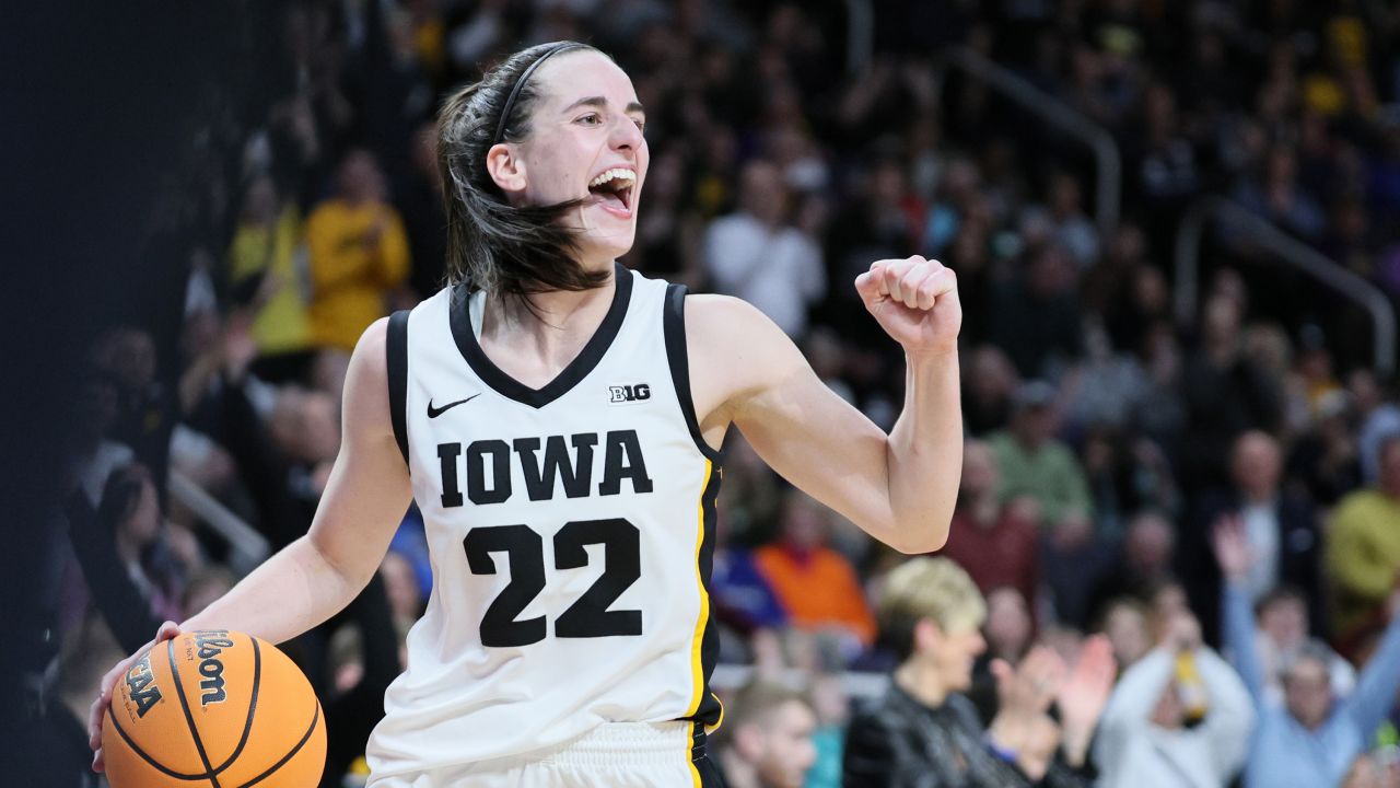 ALBANY, NEW YORK - APRIL 01:Caitlin Clark #22 of the Iowa Hawkeyes celebrates after beating the LSU Tigers 94-87 in the Elite 8 round of the NCAA Women's Basketball Tournament at MVP Arena on April 01, 2024 in Albany, New York. (Photo by Andy Lyons/Getty Images)