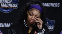 ALBANY, NEW YORK - APRIL 01: Angel Reese #10 of the LSU Tigers speaks with the media after losing to the Iowa Hawkeyes 94-87 in the Elite 8 round of the NCAA Women's Basketball Tournament at MVP Arena on April 01, 2024 in Albany, New York. (Photo by Sarah Stier/Getty Images)