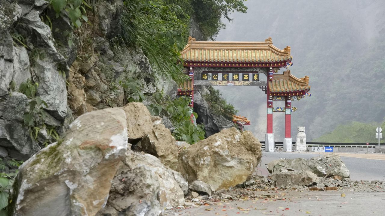 Photo taken in Hualien, eastern Taiwan, on April 5, 2024, shows fallen rocks on a road leading to Taroko National Park, following a powerful earthquake on April 3. (Photo by Kyodo News via Getty Images)