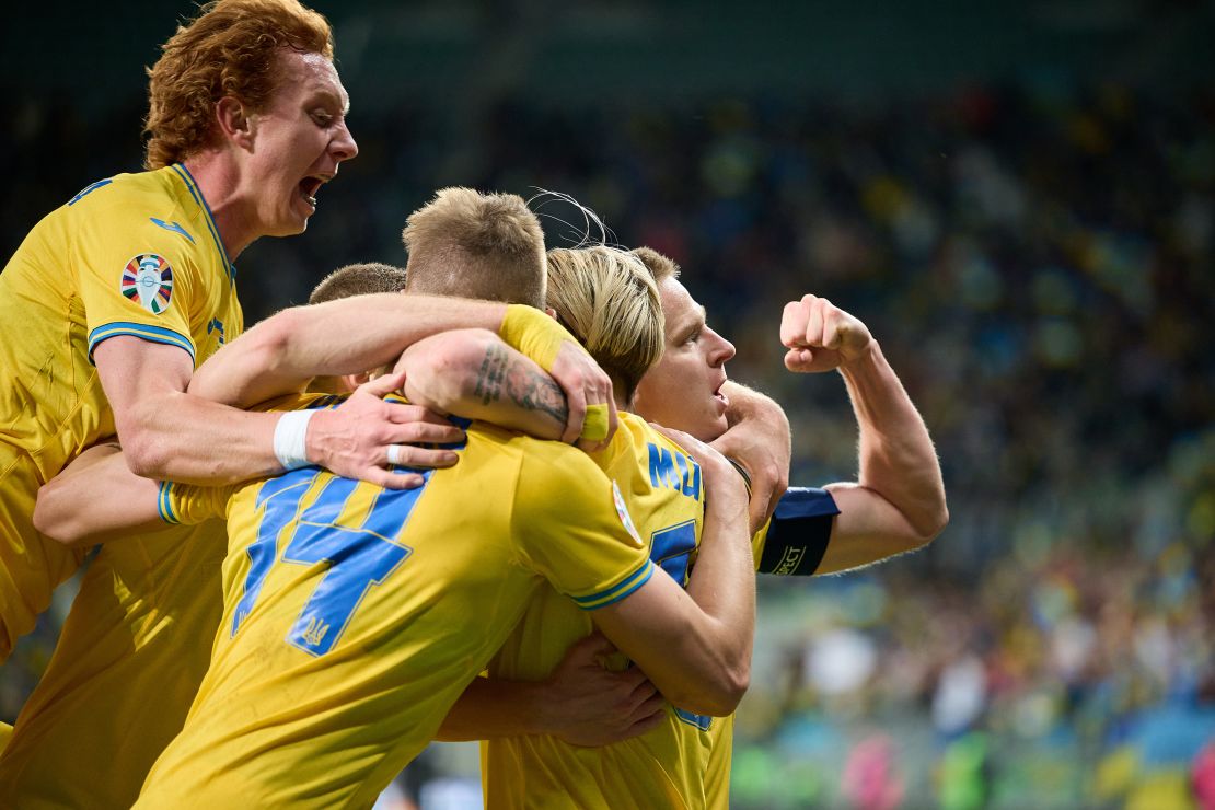 WROCLAW, POLAND - MARCH 26: Ukraine players celebrate scoring their team's second goal during the UEFA EURO 2024 Play-Offs final match between Ukraine and Iceland at Tarczynski Arena on March 26, 2024 in Wroclaw, Poland. (Photo by Rafal Oleksiewicz/Getty Images)