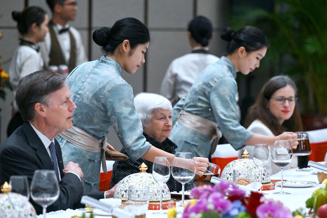 US Treasury Secretary Janet Yellen and US Ambassador to China Nicholas Burns attend a dinner hosted by China's Vice Premier He Lifeng in the southern Chinese city of Guangzhou on April 5, 2024.