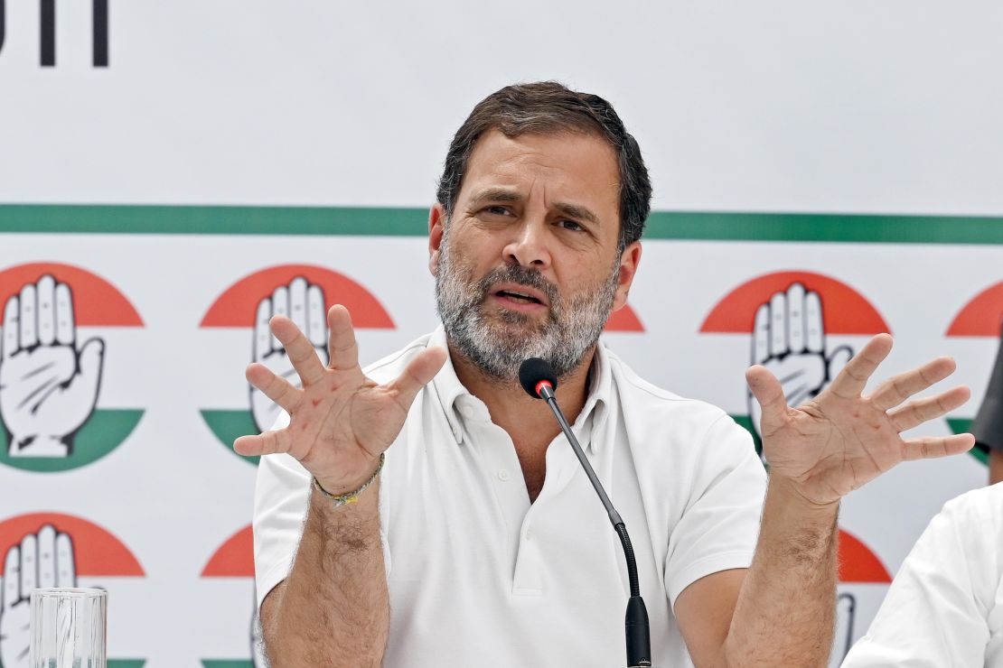 NEW DELHI, INDIA - APRIL 5: Congress senior party leader Rahul Gandhi addresses during the release of the party manifesto ahead of Lok Sabha elections 2024 on April 5, 2024 in New Delhi, India, India. Congress promises legal guarantee to MSP, guarantees national minimum wage at 400 per day, among others.(Photo by Sanjeev Verma/Hindustan Times via Getty Images)