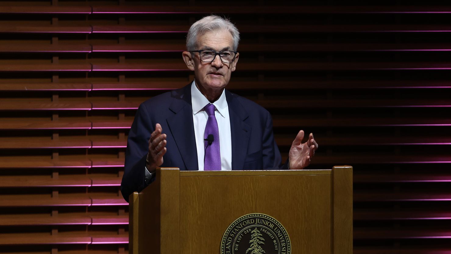 Federal Reserve Chair Jerome Powell speaks at Stanford University on April 3 in Stanford, California.