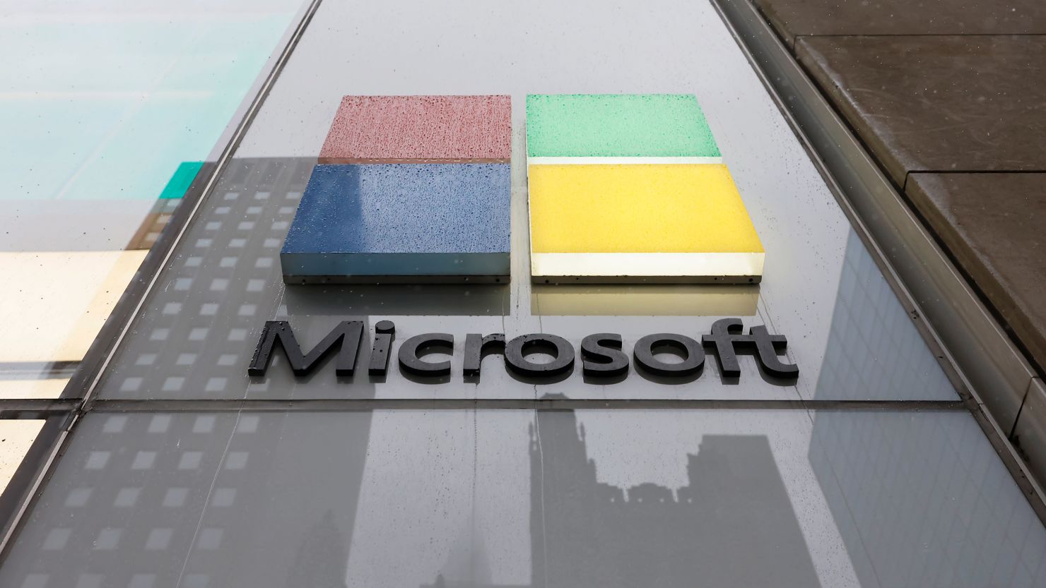 The Microsoft logo is seen at an Experience Center on Fifth Avenue on April 03, 2024 in New York City.