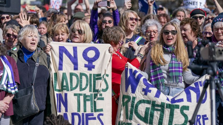 People take part in the Let Women Speak rally outside The Royal Scottish Academy in Edinburgh on Saturday.