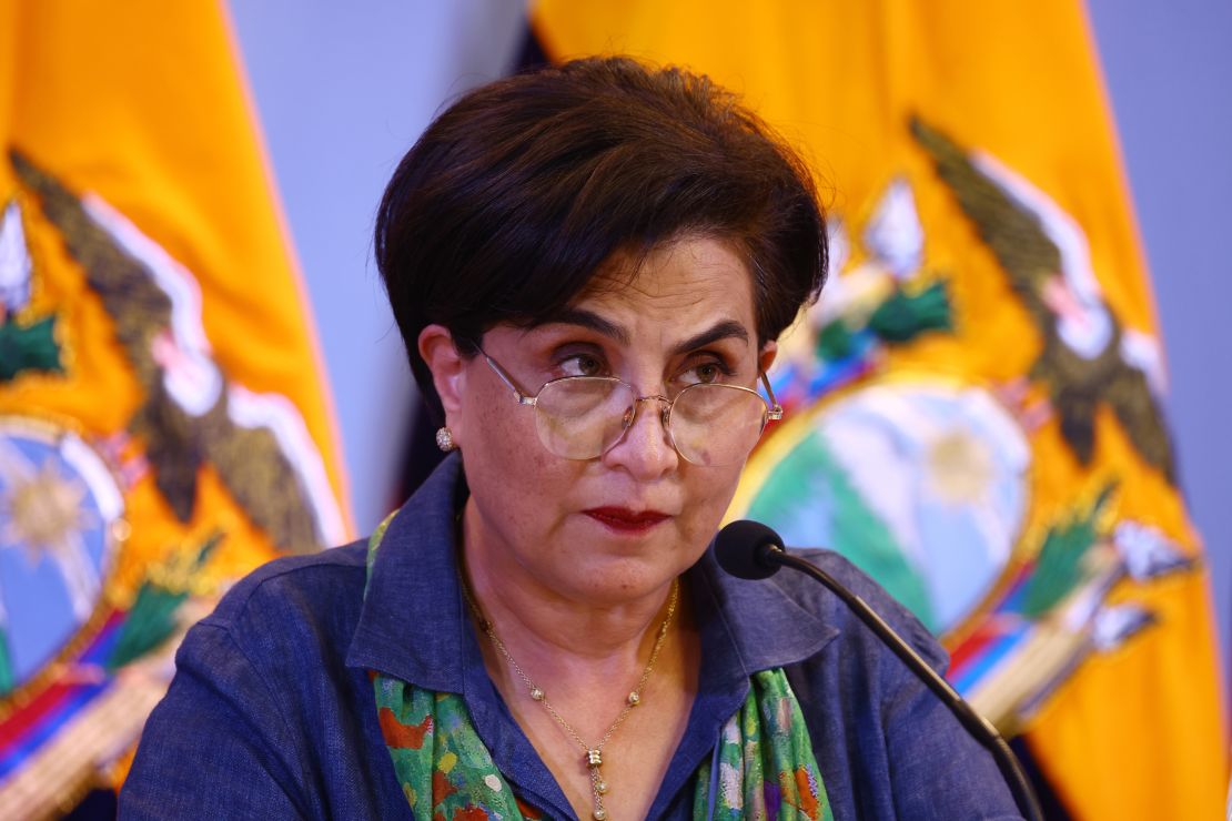 Ecuador's Chancellor Gabriela Sommerfeld during a press conference on April 6 in Quito, Ecuador.