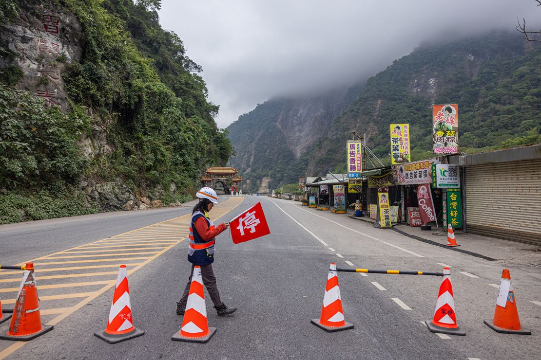 A checkpoint is set up outside Taroko Gorge just north of Hualien city in Taiwan.
