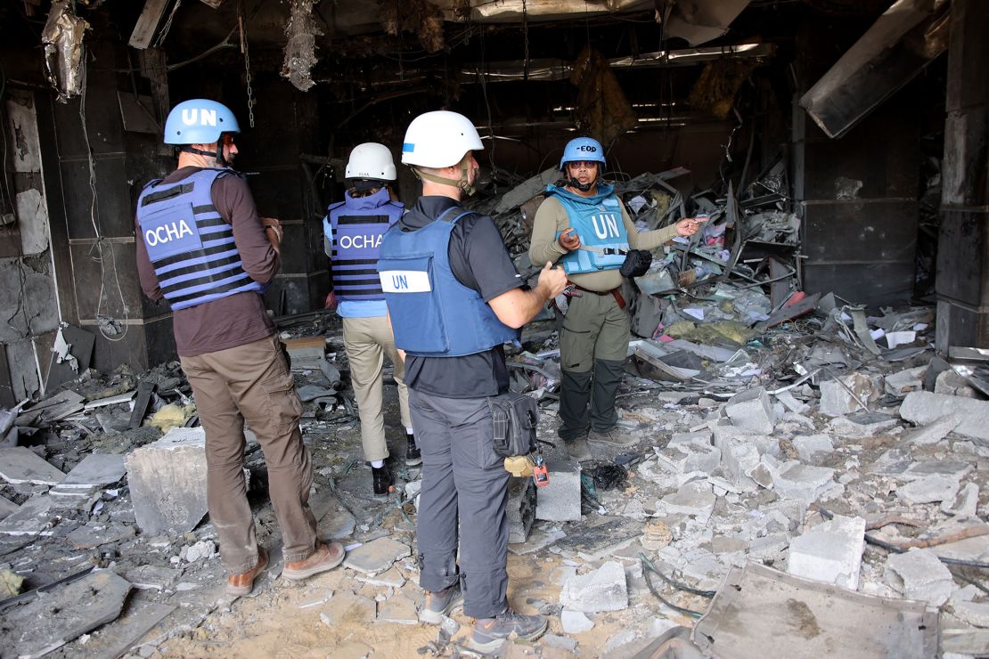A United Nations (UN) team inspects the grounds of Al-Shifa, Gaza's largest hospital, which was reduced to rubble by a two-week Israeli raid, on April 8, 2024.