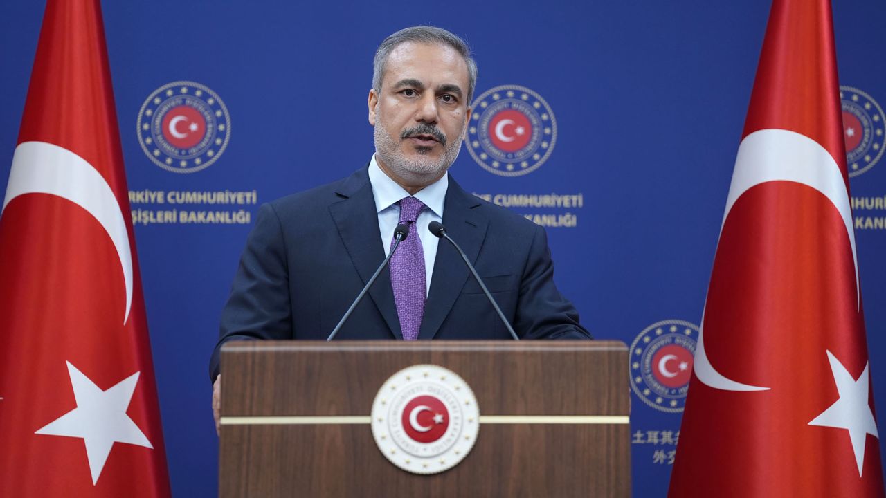 Turkish Foreign Minister Hakan Fidan holds a press conference at ministry building in Ankara, Turkey on April 8, 2024.