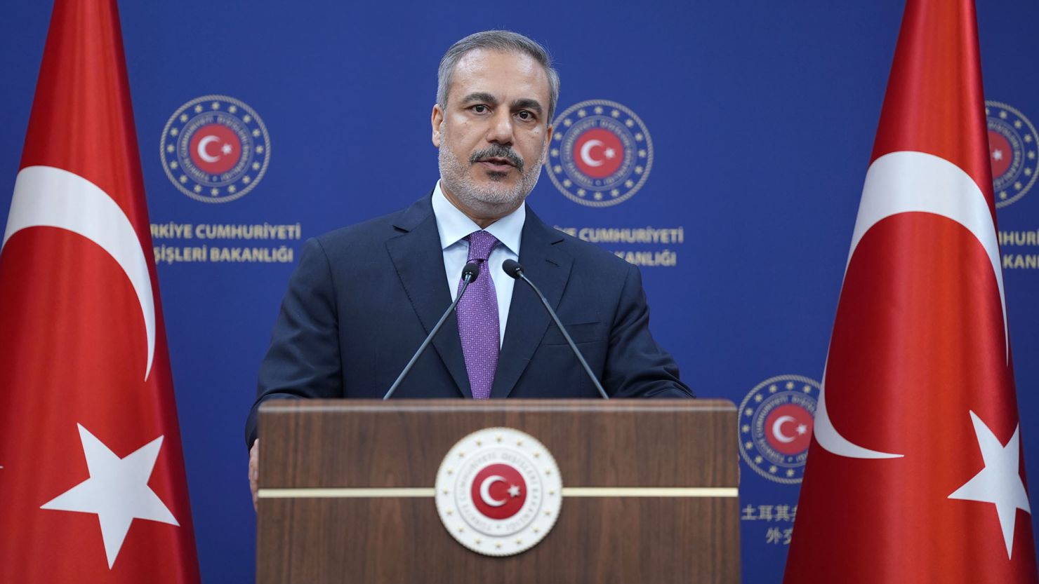 Turkish Foreign Minister Hakan Fidan holds a press conference in Ankara on April 8, 2024.