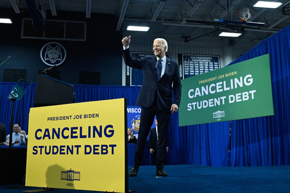 During a previous trip to Wisconsin, President Joe Biden speaks about student loan debt relief at Madison Area Technical College in Madison, Wisconsin, April 8, 2024.