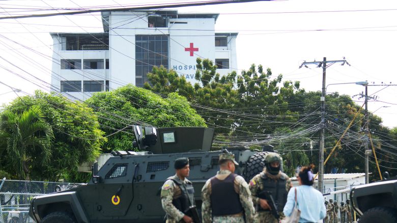 Army soldiers guard the surroundings of the Naval Hospital of Guayaquil, where Ecuador's former vice president Jorge Glas was taken on April 8, 2024.