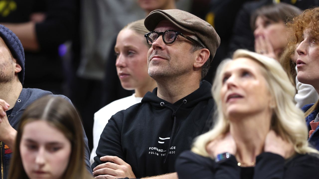 Jason Sudeikis looks on in the second half during the NCAA Women's Basketball Tournament Final Four semifinal game between the UConn Huskies and the Iowa Hawkeyes at Rocket Mortgage Fieldhouse on April 5 in Cleveland, Ohio.