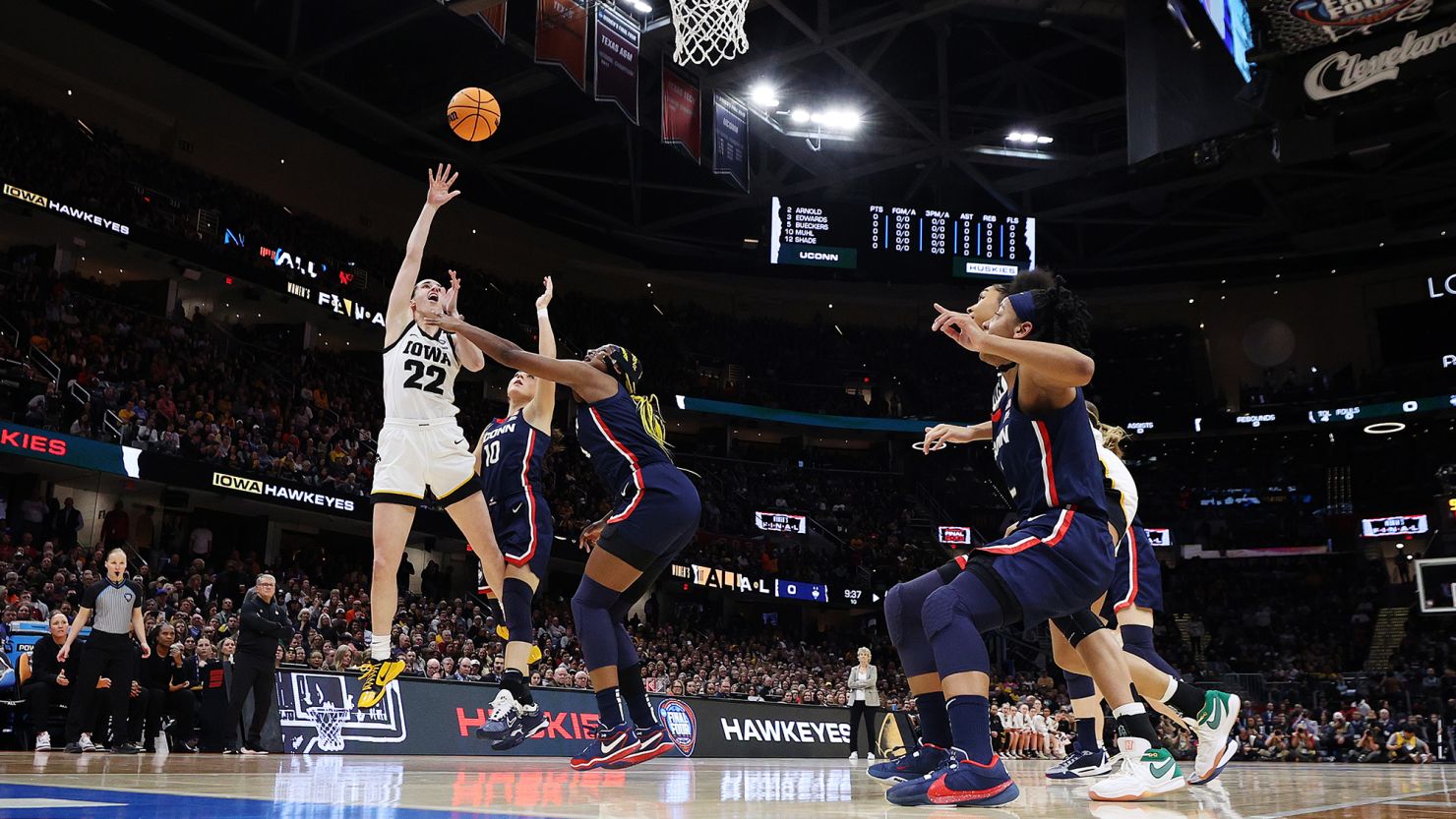 Caitlin Clark of the Iowa Hawkeyes in the first half during the NCAA Women's semifinal game against the UConn Huskies on April 5 in Cleveland, Ohio.